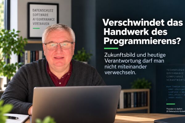 Titelbild des Artikels „Verschwindet das Handwerk des Programmierens?“ – Thorsten A. Siefert am Schreibtisch vor einem Laptop.